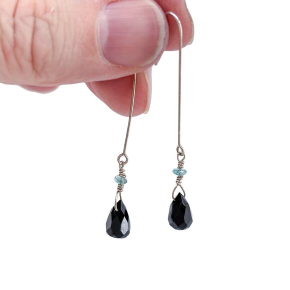 Estate Sterling Silver 925 Black Garnet Aquamarine Long Drop Earrings - Picture 3 of 7
